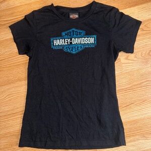 Harley-Davidson Black Tee with Blue Metallic Shimmer Logo Medium Heritage NH